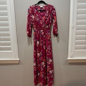 Pink Lily Floral Burgundy Maxi Dress w/ Cinched Waist 🌺🍷